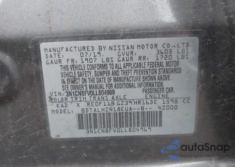 2020 Nissan Versa Sr Xtronic Cvt z USA, uszkodzony, nr VIN 3N1CN8FV0LL804969